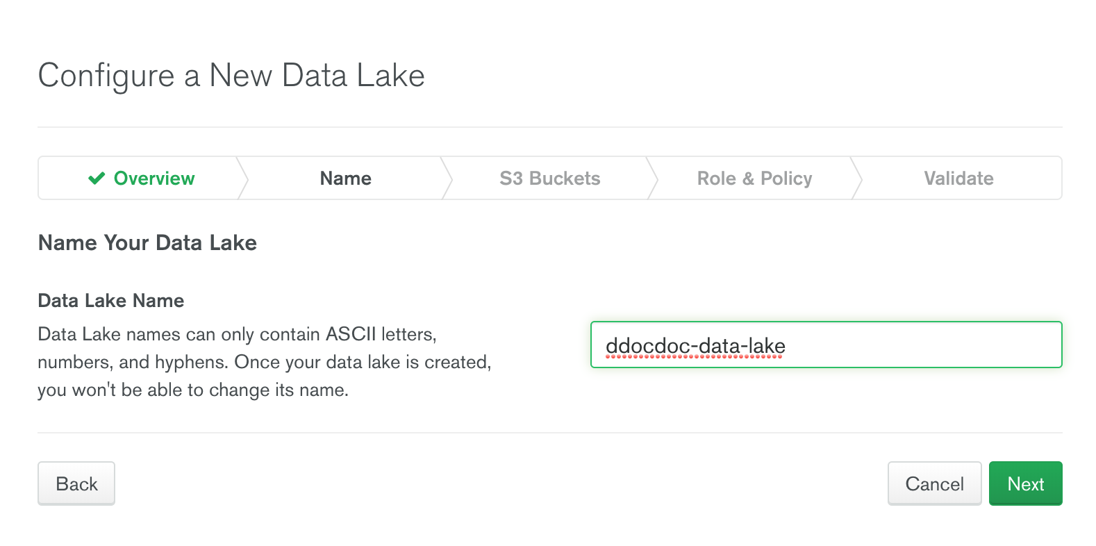 DataLake 이름 지정 화면